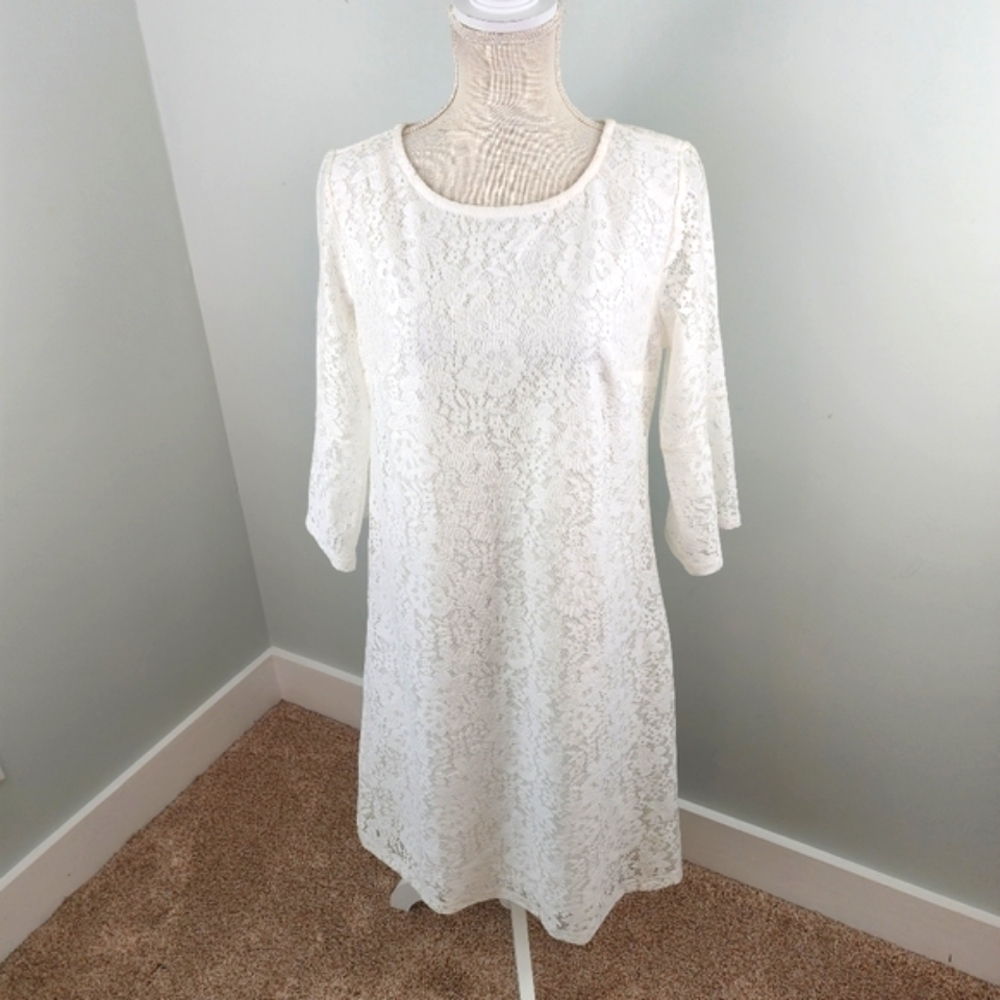 Ellen Weaver Women’s Crochet Bell Sleeve Shift Dress Size Medium White